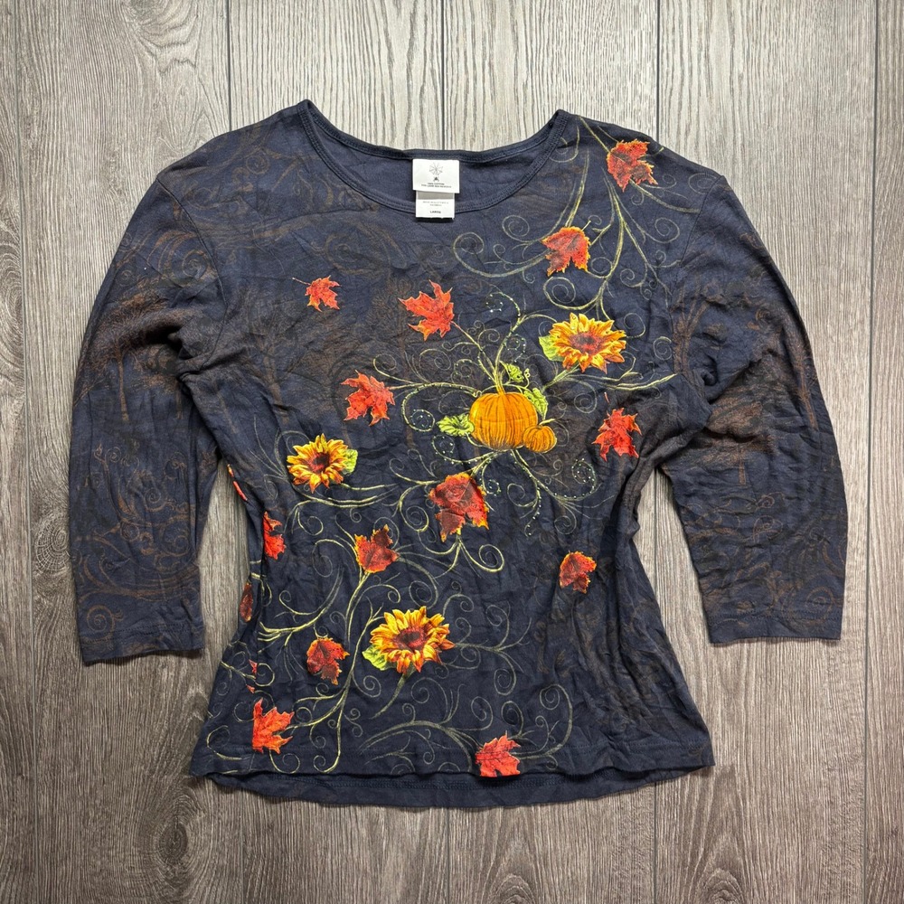 Spider Vintage Y2K Large Pumpkin Sunflower Fall Leaves Graphic Top Navy